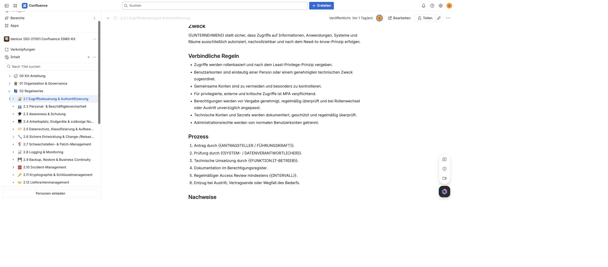 Regelwerk 2.1 Zugriffssteuerung mit Zweck, Regeln, Prozess und Nachweisen