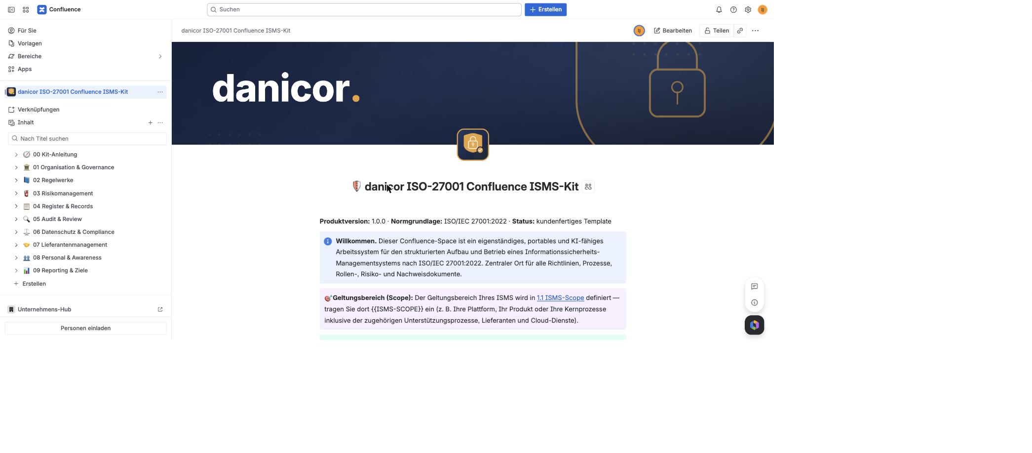 Confluence-Space-Übersicht mit Seitenstruktur und danicor-Banner